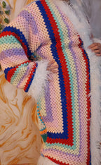 Handmade Rainbow Crochet Coat, Faux Fur Trim, Boho Cardigan