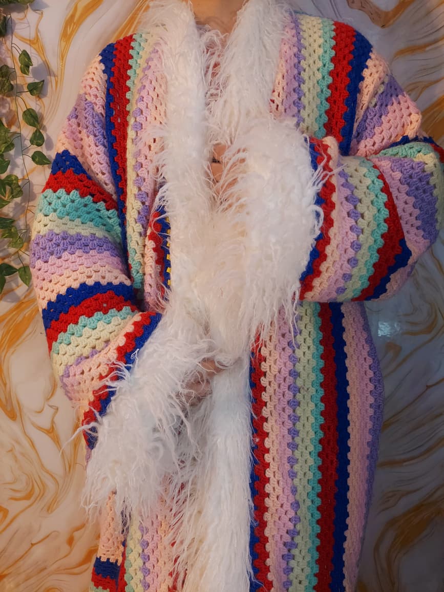 Handmade Rainbow Crochet Coat, Faux Fur Trim, Boho Cardigan