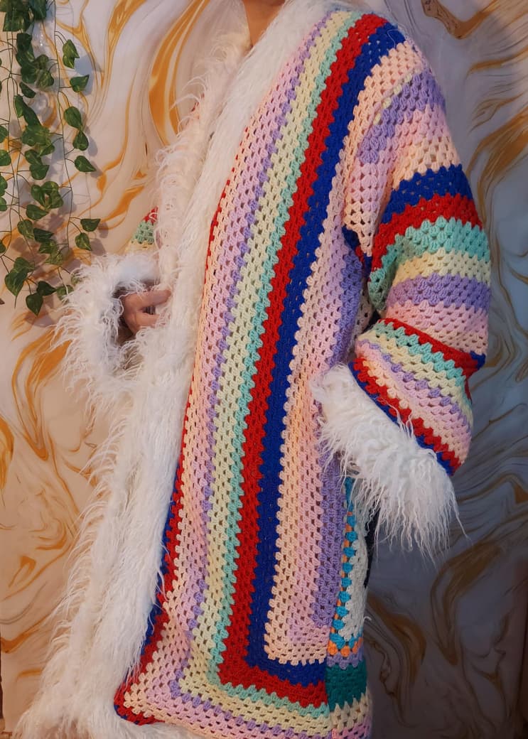 Handmade Rainbow Crochet Coat, Faux Fur Trim, Boho Cardigan