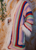 Handmade Rainbow Crochet Coat, Faux Fur Trim, Boho Cardigan