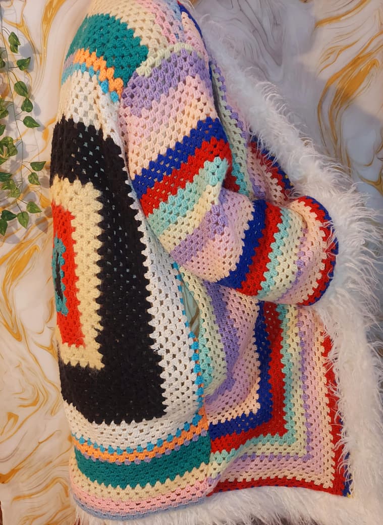 Handmade Rainbow Crochet Coat, Faux Fur Trim, Boho Cardigan