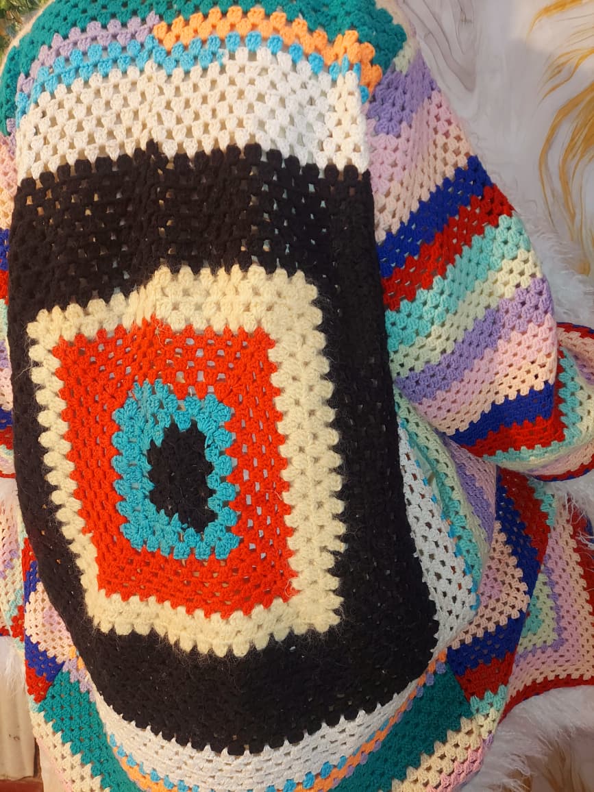 Handmade Rainbow Crochet Coat, Faux Fur Trim, Boho Cardigan