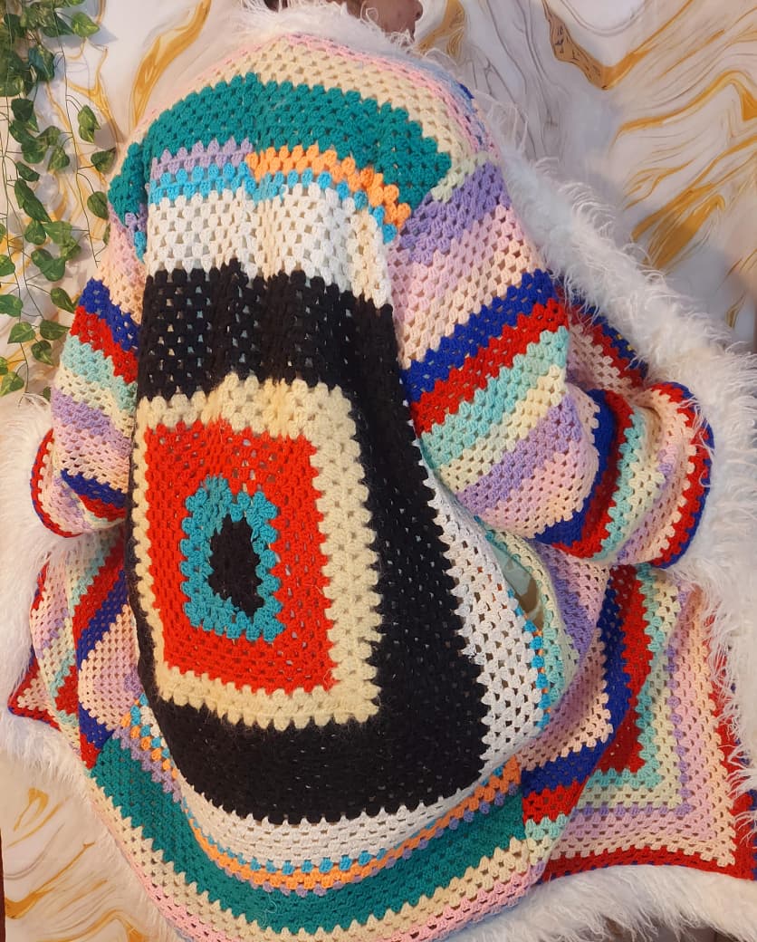Handmade Rainbow Crochet Coat, Faux Fur Trim, Boho Cardigan