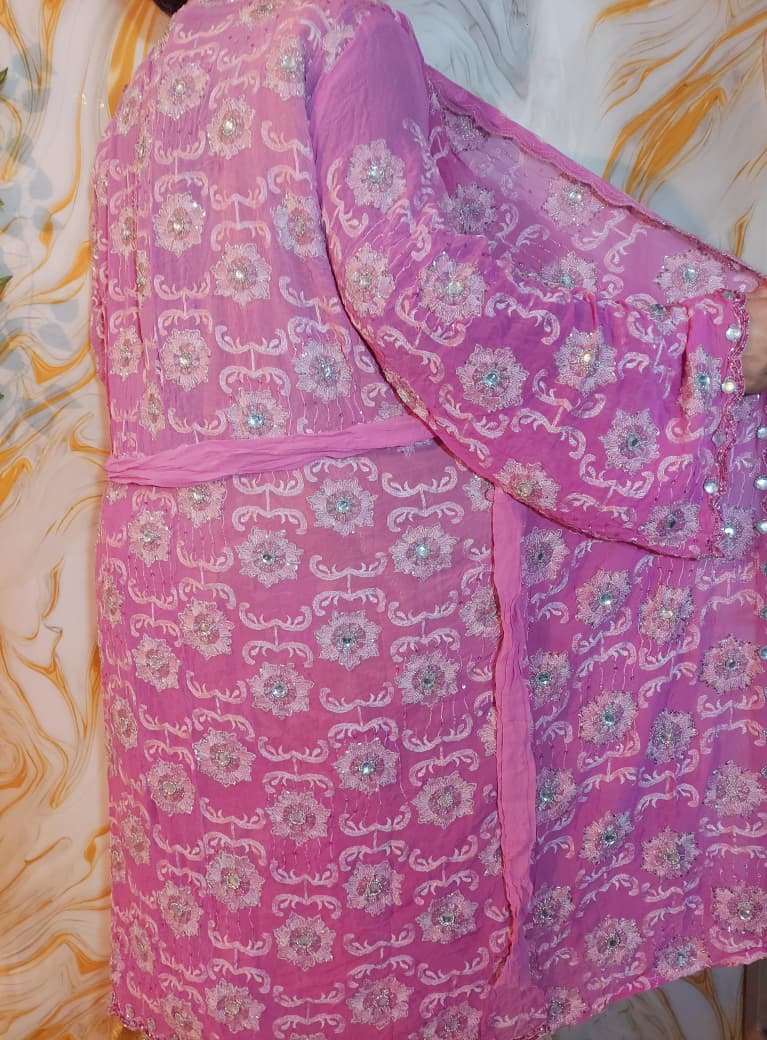 Vintage Baby pink Upcycled Embroidered Kimono, Sequin Aari Embroidery, Indian Style, Goddess Kimono,