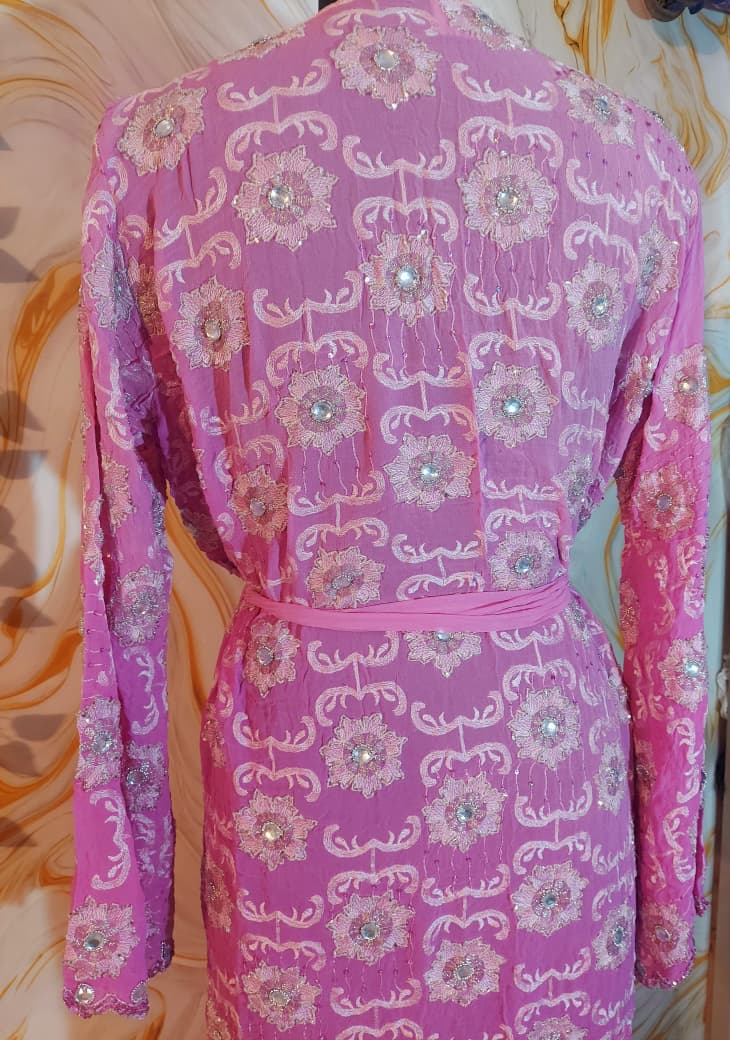 Vintage Baby pink Upcycled Embroidered Kimono, Sequin Aari Embroidery, Indian Style, Goddess Kimono,