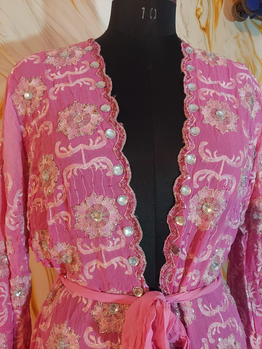 Vintage Baby pink Upcycled Embroidered Kimono, Sequin Aari Embroidery, Indian Style, Goddess Kimono,