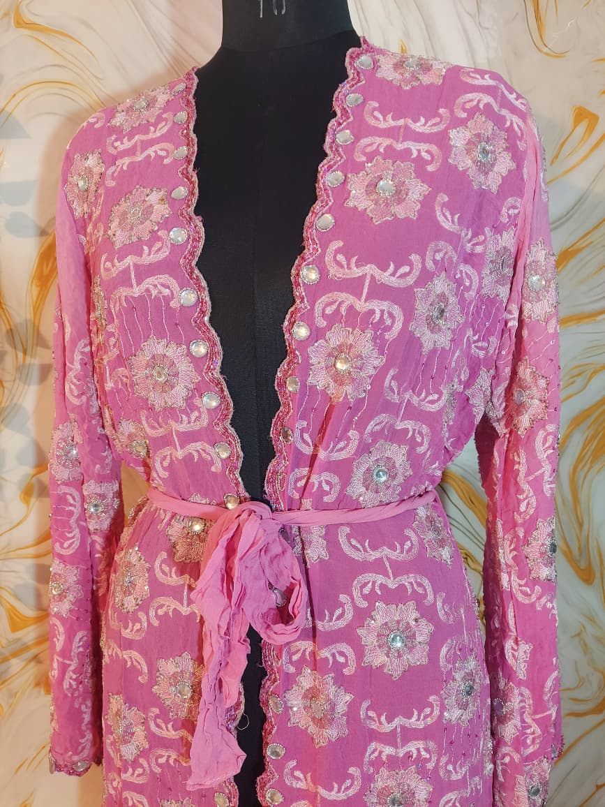 Vintage Baby pink Upcycled Embroidered Kimono, Sequin Aari Embroidery, Indian Style, Goddess Kimono,