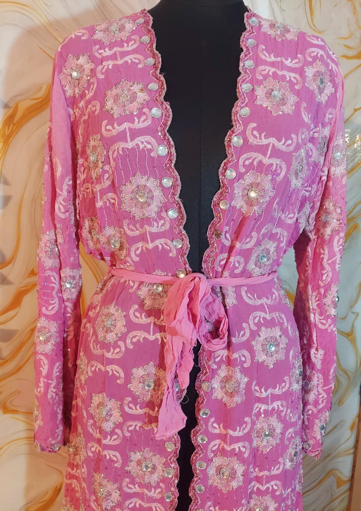 Vintage Baby pink Upcycled Embroidered Kimono, Sequin Aari Embroidery, Indian Style, Goddess Kimono,