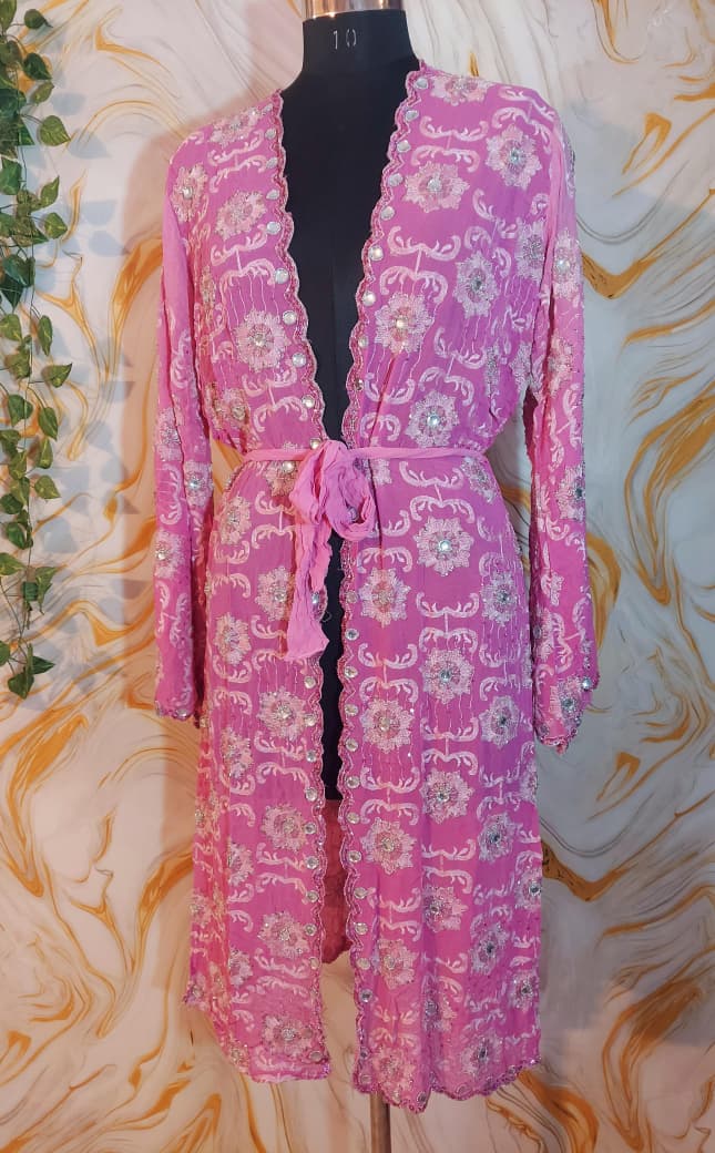 Vintage Baby pink Upcycled Embroidered Kimono, Sequin Aari Embroidery, Indian Style, Goddess Kimono,