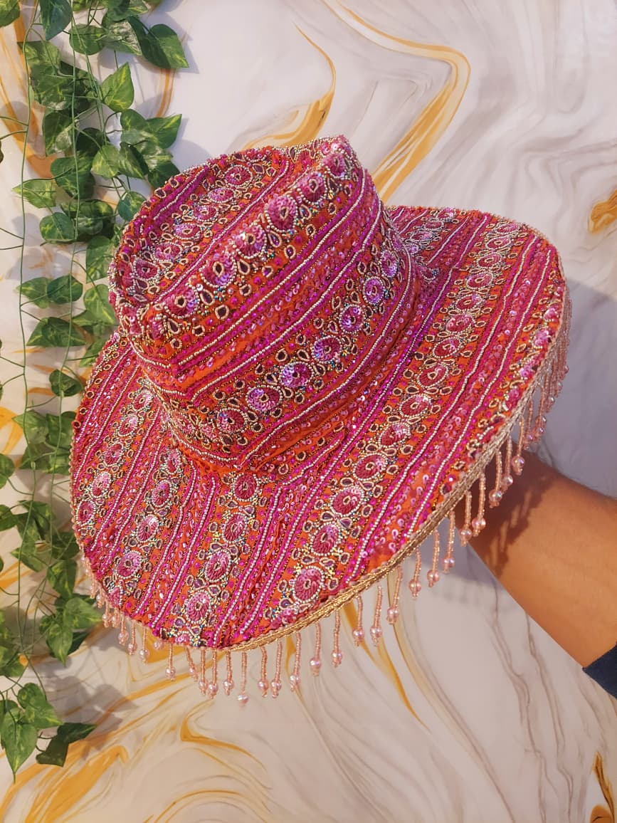 Pink handmade Sequin Cowboy Hat: Recycled Saree, Beaded Fringe with diamante