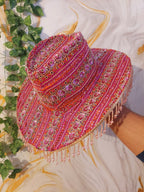 Pink handmade Sequin Cowboy Hat: Recycled Saree, Beaded Fringe with diamante