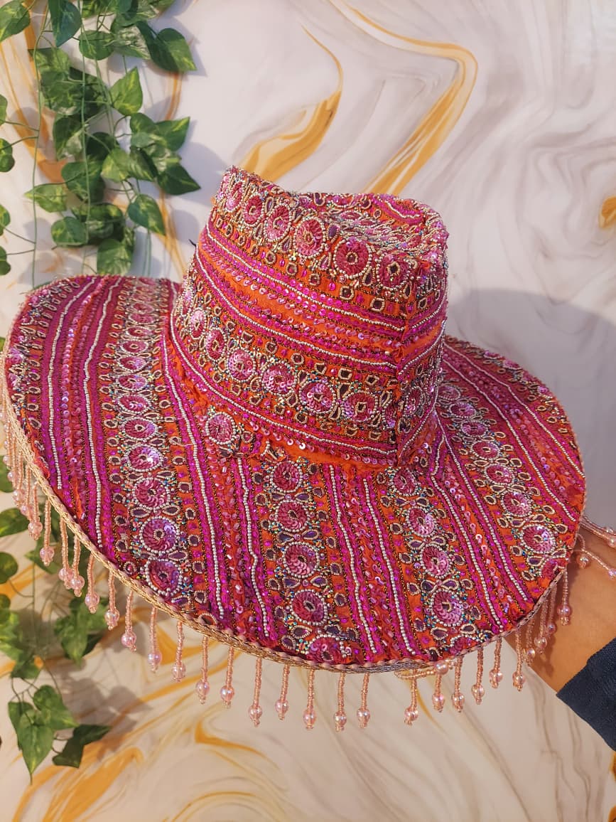 Pink handmade Sequin Cowboy Hat: Recycled Saree, Beaded Fringe with diamante