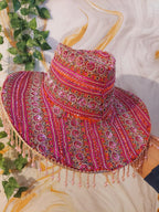 Pink handmade Sequin Cowboy Hat: Recycled Saree, Beaded Fringe with diamante