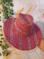Pink handmade Sequin Cowboy Hat: Recycled Saree, Beaded Fringe with diamante