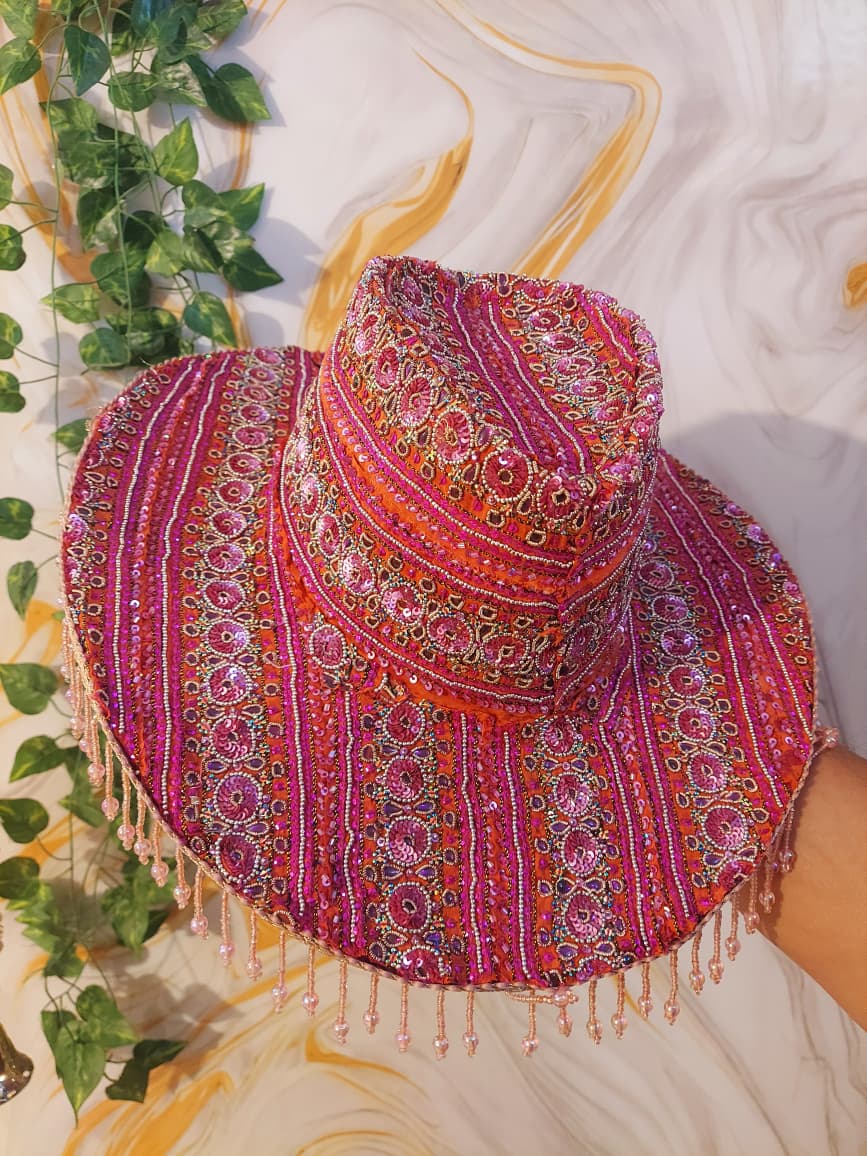 Pink handmade Sequin Cowboy Hat: Recycled Saree, Beaded Fringe with diamante