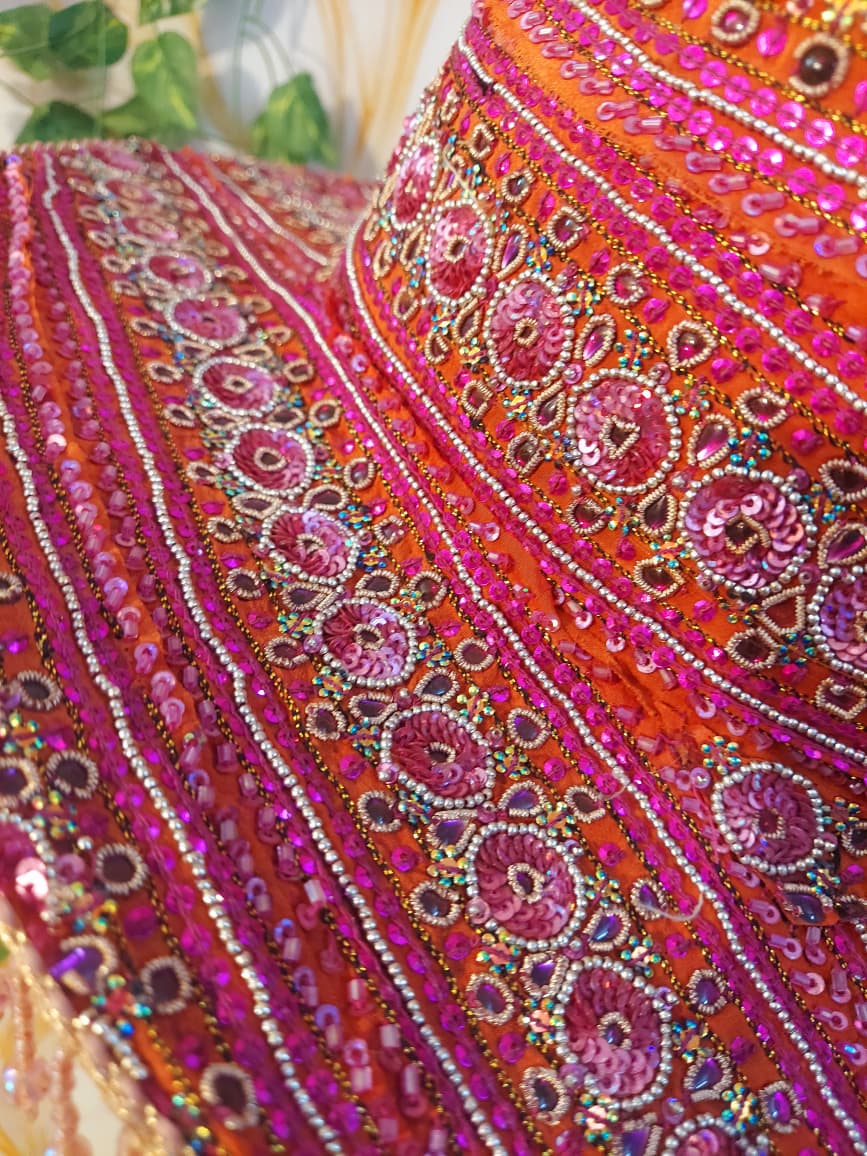 Pink handmade Sequin Cowboy Hat: Recycled Saree, Beaded Fringe with diamante