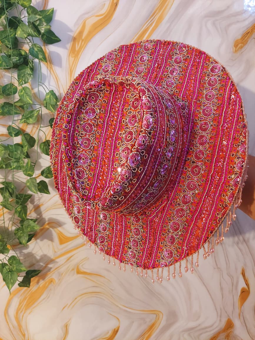 Pink handmade Sequin Cowboy Hat: Recycled Saree, Beaded Fringe with diamante
