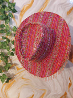 Pink handmade Sequin Cowboy Hat: Recycled Saree, Beaded Fringe with diamante