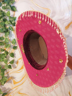 Pink handmade Sequin Cowboy Hat: Recycled Saree, Beaded Fringe with diamante