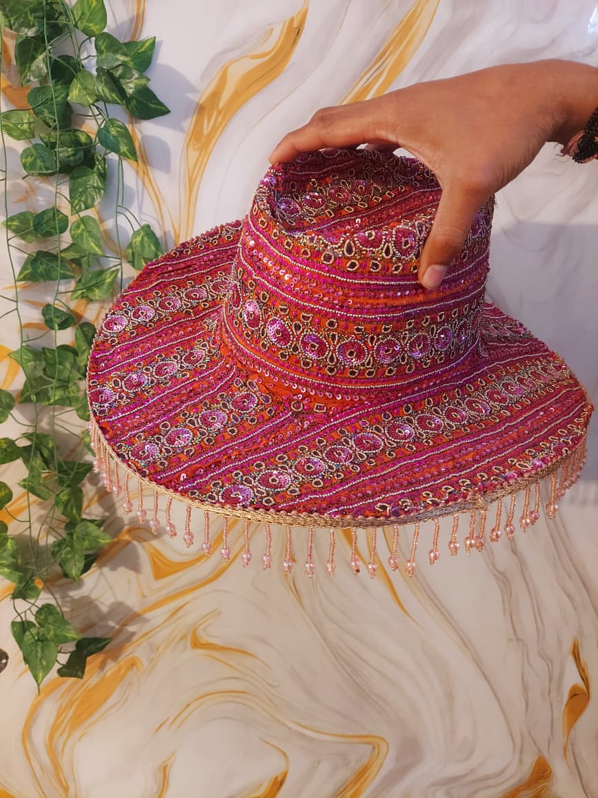 Pink handmade Sequin Cowboy Hat: Recycled Saree, Beaded Fringe with diamante