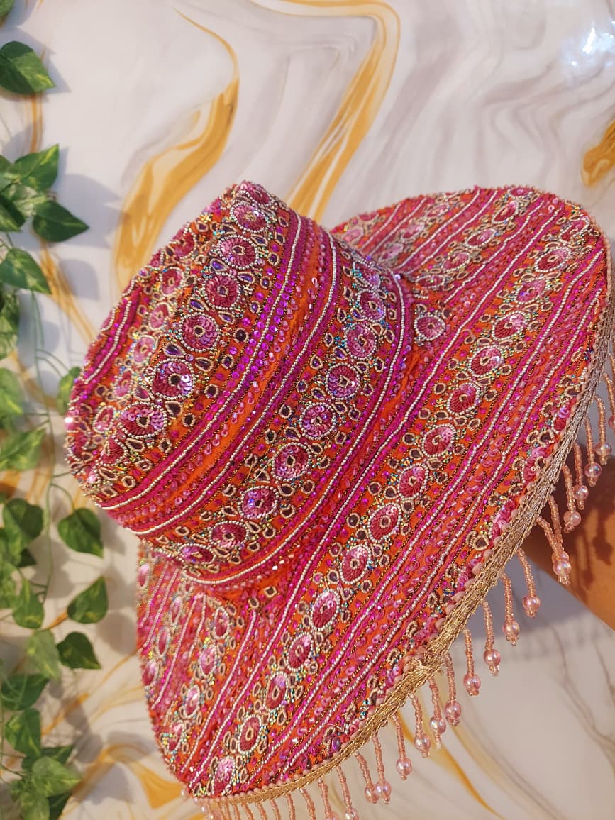 Pink handmade Sequin Cowboy Hat: Recycled Saree, Beaded Fringe with diamante