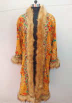 Vintage boho long coat with intricate hand embroidery, sequin work , faux fur trim