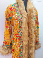 Vintage boho long coat with intricate hand embroidery, sequin work , faux fur trim