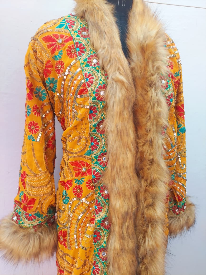 Vintage boho long coat with intricate hand embroidery, sequin work , faux fur trim