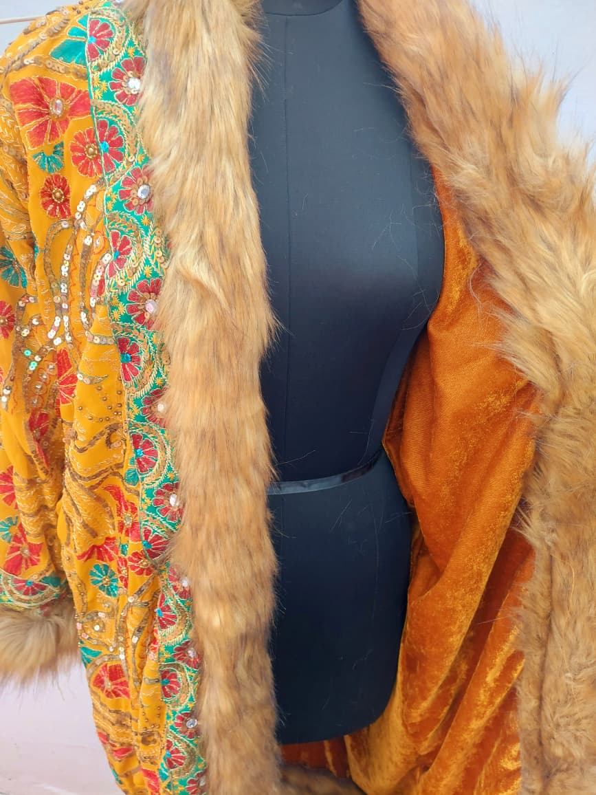 Vintage boho long coat with intricate hand embroidery, sequin work , faux fur trim