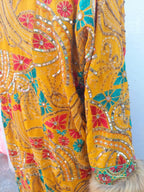 Vintage boho long coat with intricate hand embroidery, sequin work , faux fur trim