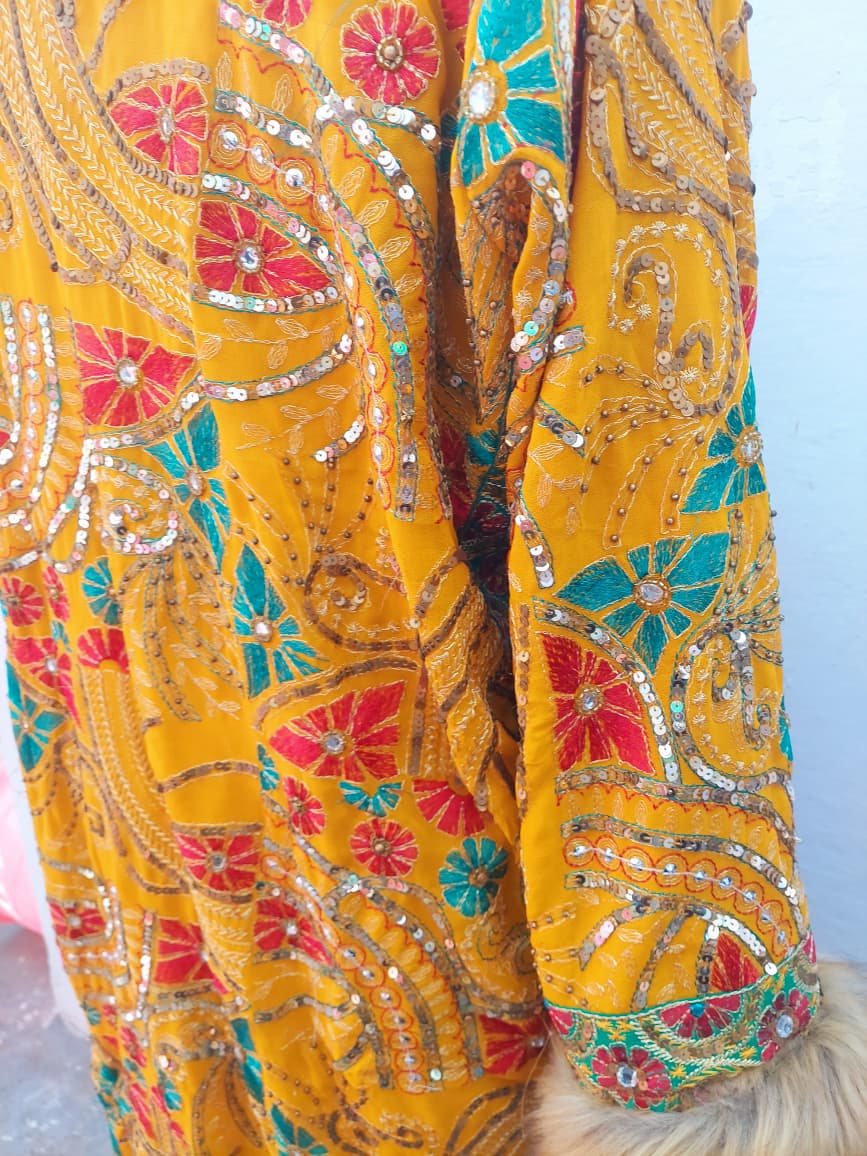Vintage boho long coat with intricate hand embroidery, sequin work , faux fur trim
