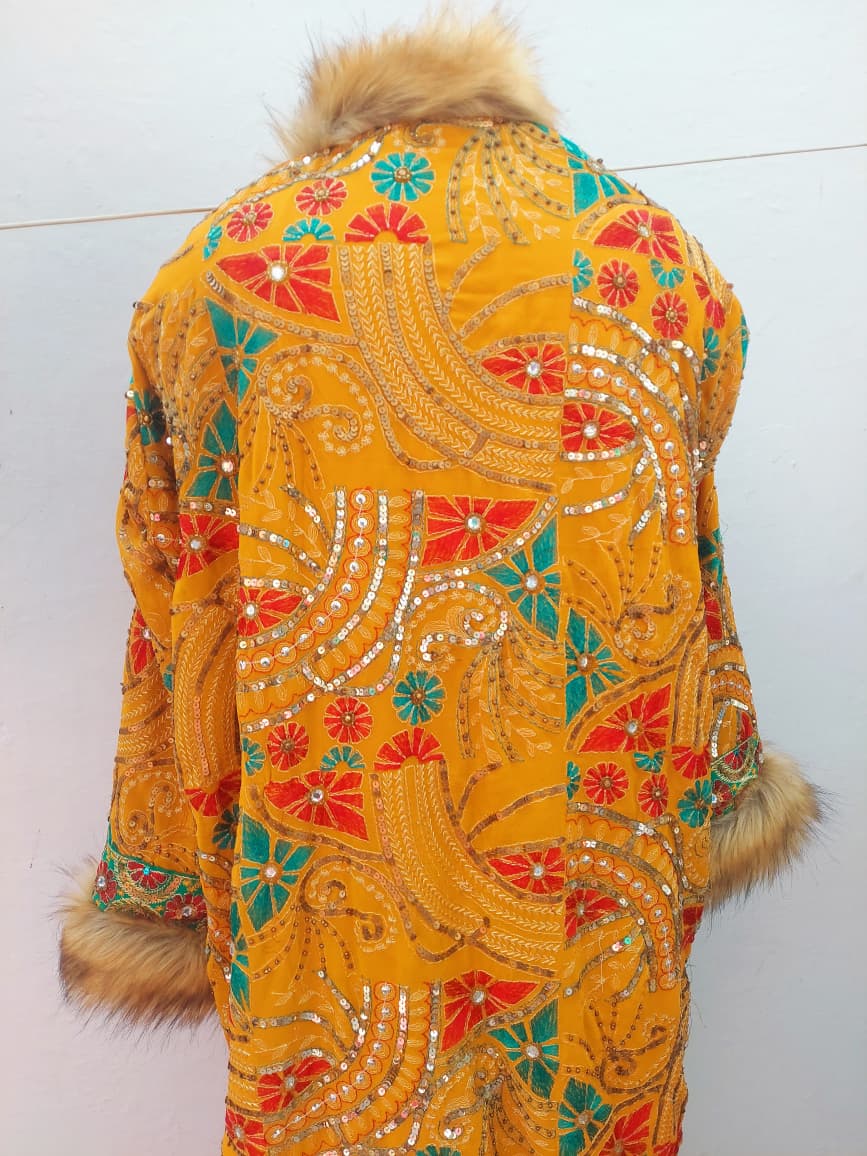 Vintage boho long coat with intricate hand embroidery, sequin work , faux fur trim