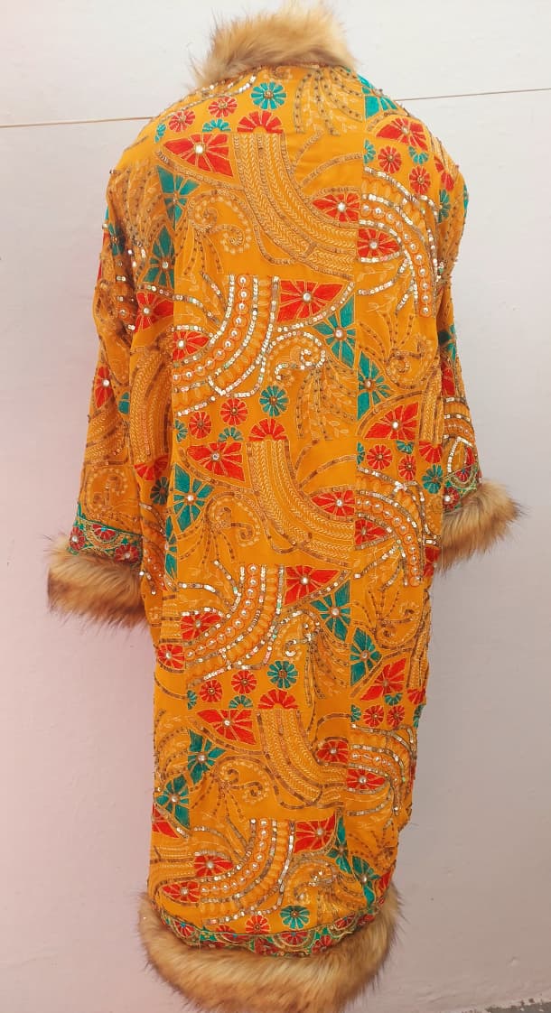Vintage boho long coat with intricate hand embroidery, sequin work , faux fur trim