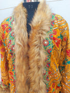 Vintage boho long coat with intricate hand embroidery, sequin work , faux fur trim