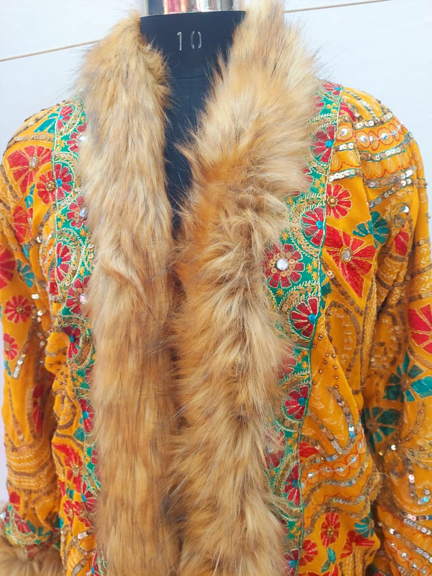 Vintage boho long coat with intricate hand embroidery, sequin work , faux fur trim