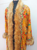 Vintage boho long coat with intricate hand embroidery, sequin work , faux fur trim