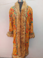 Vintage boho long coat with intricate hand embroidery, sequin work , faux fur trim
