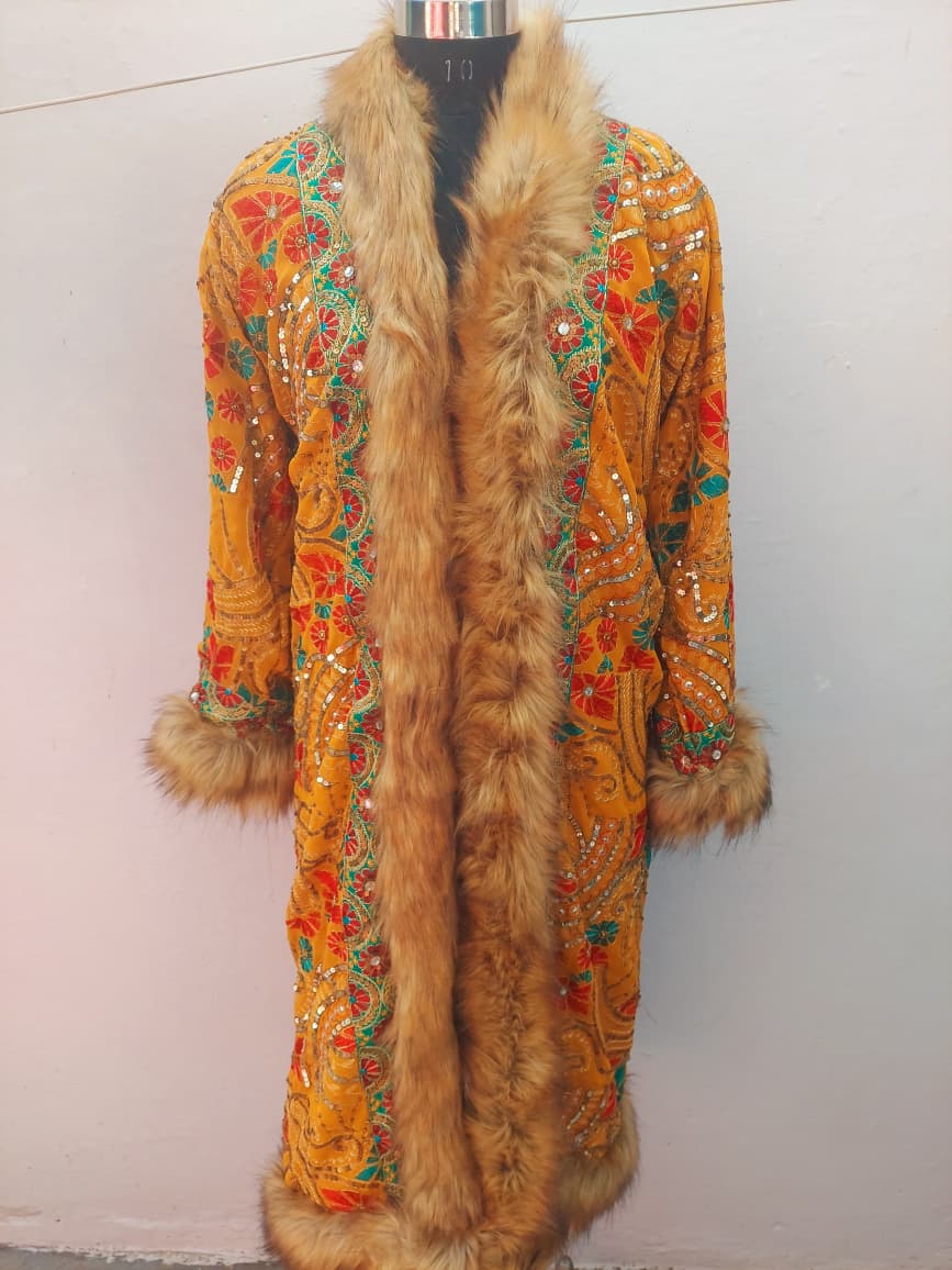Vintage boho long coat with intricate hand embroidery, sequin work , faux fur trim