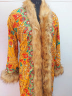 Vintage boho long coat with intricate hand embroidery, sequin work , faux fur trim