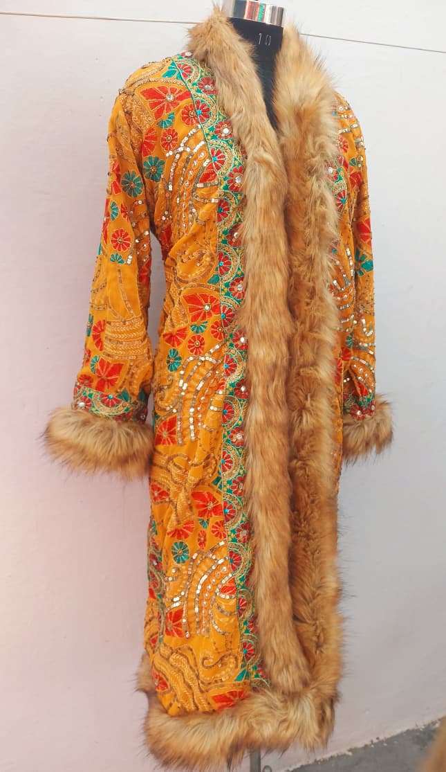 Vintage boho long coat with intricate hand embroidery, sequin work , faux fur trim