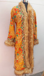 Vintage boho long coat with intricate hand embroidery, sequin work , faux fur trim
