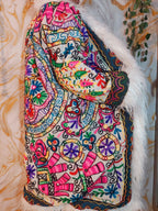 Floral Embroidered Afghan Coat: Mongolian Fur Trim, Multicolor Rainbow jacket