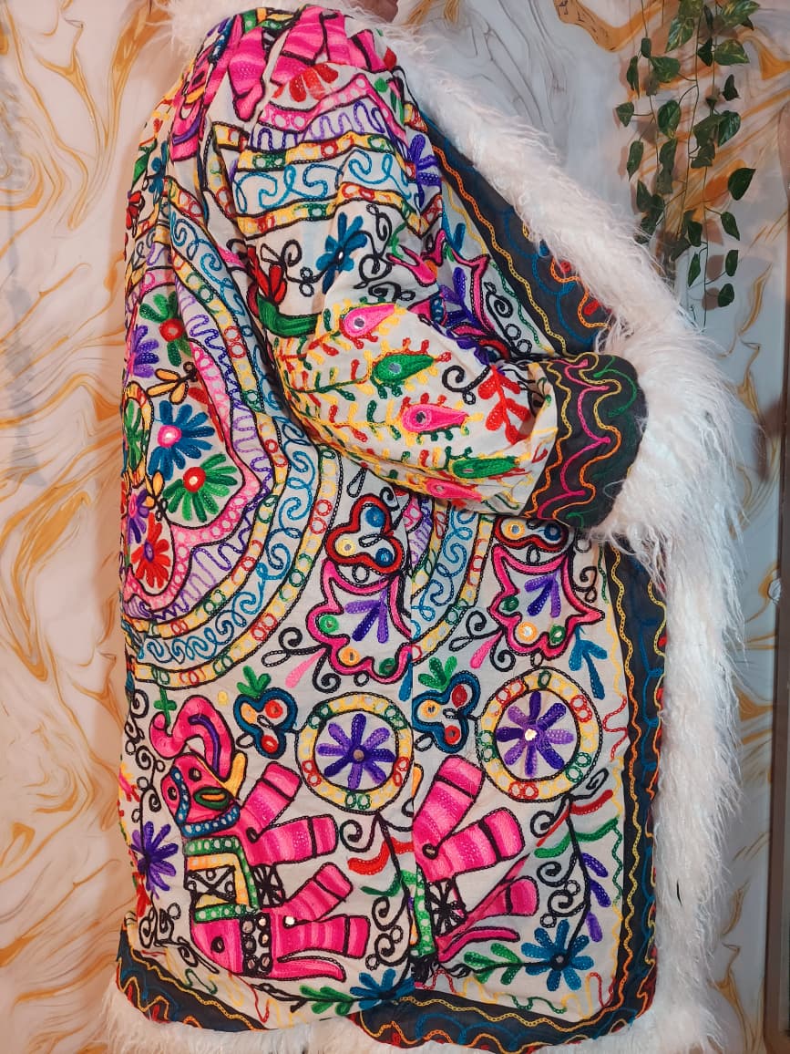 Floral Embroidered Afghan Coat: Mongolian Fur Trim, Multicolor Rainbow jacket