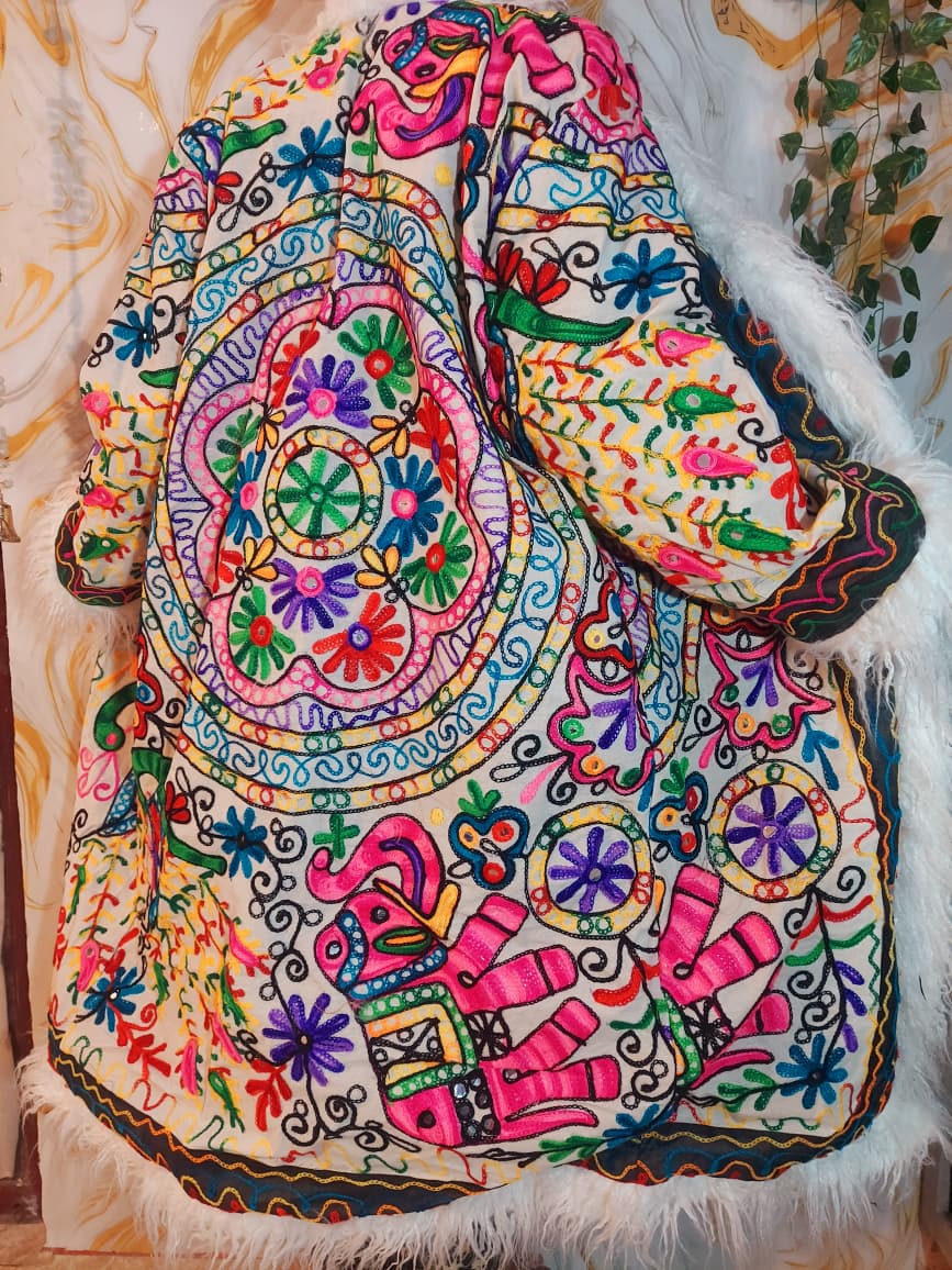 Floral Embroidered Afghan Coat: Mongolian Fur Trim, Multicolor Rainbow jacket