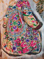 Floral Embroidered Afghan Coat: Mongolian Fur Trim, Multicolor Rainbow jacket