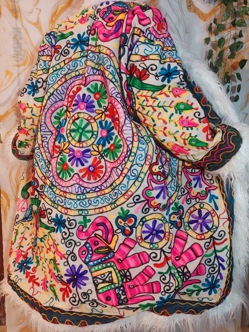 Floral Embroidered Afghan Coat: Mongolian Fur Trim, Multicolor Rainbow jacket