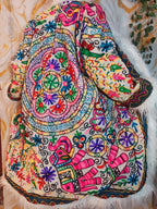 Floral Embroidered Afghan Coat: Mongolian Fur Trim, Multicolor Rainbow jacket