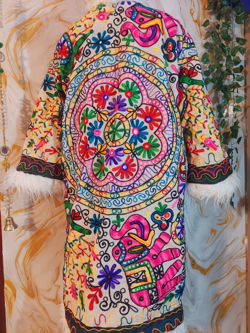 Floral Embroidered Afghan Coat: Mongolian Fur Trim, Multicolor Rainbow jacket