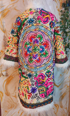 Floral Embroidered Afghan Coat: Mongolian Fur Trim, Multicolor Rainbow jacket