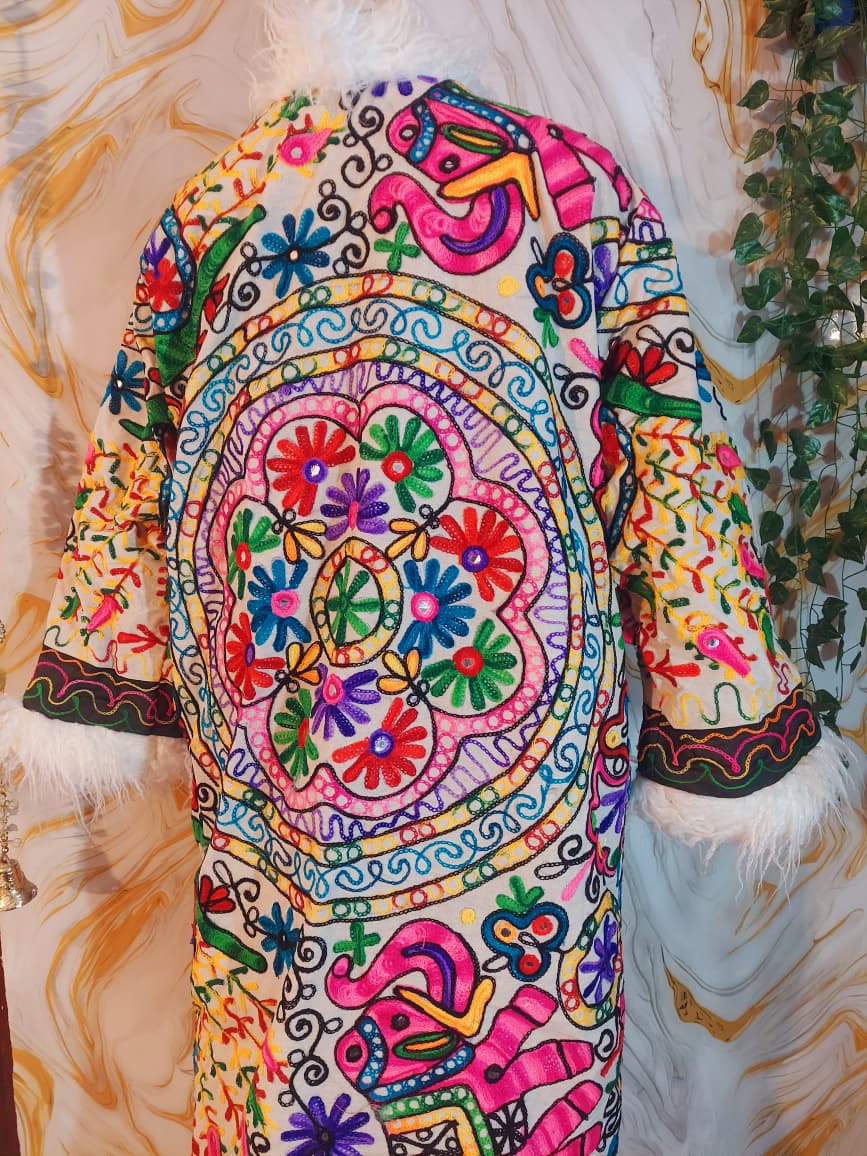 Floral Embroidered Afghan Coat: Mongolian Fur Trim, Multicolor Rainbow jacket
